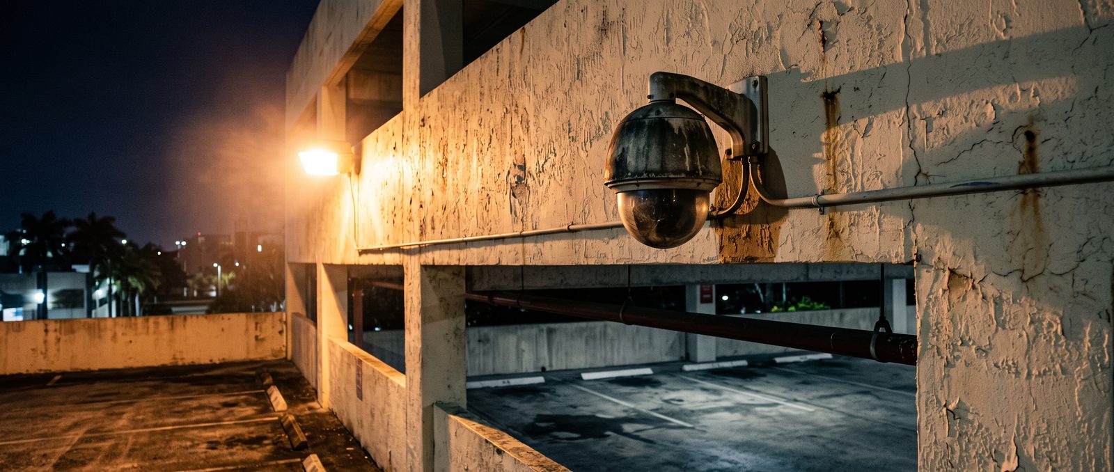 A dome security camera on a stucco parking garage wall under harsh night lighting