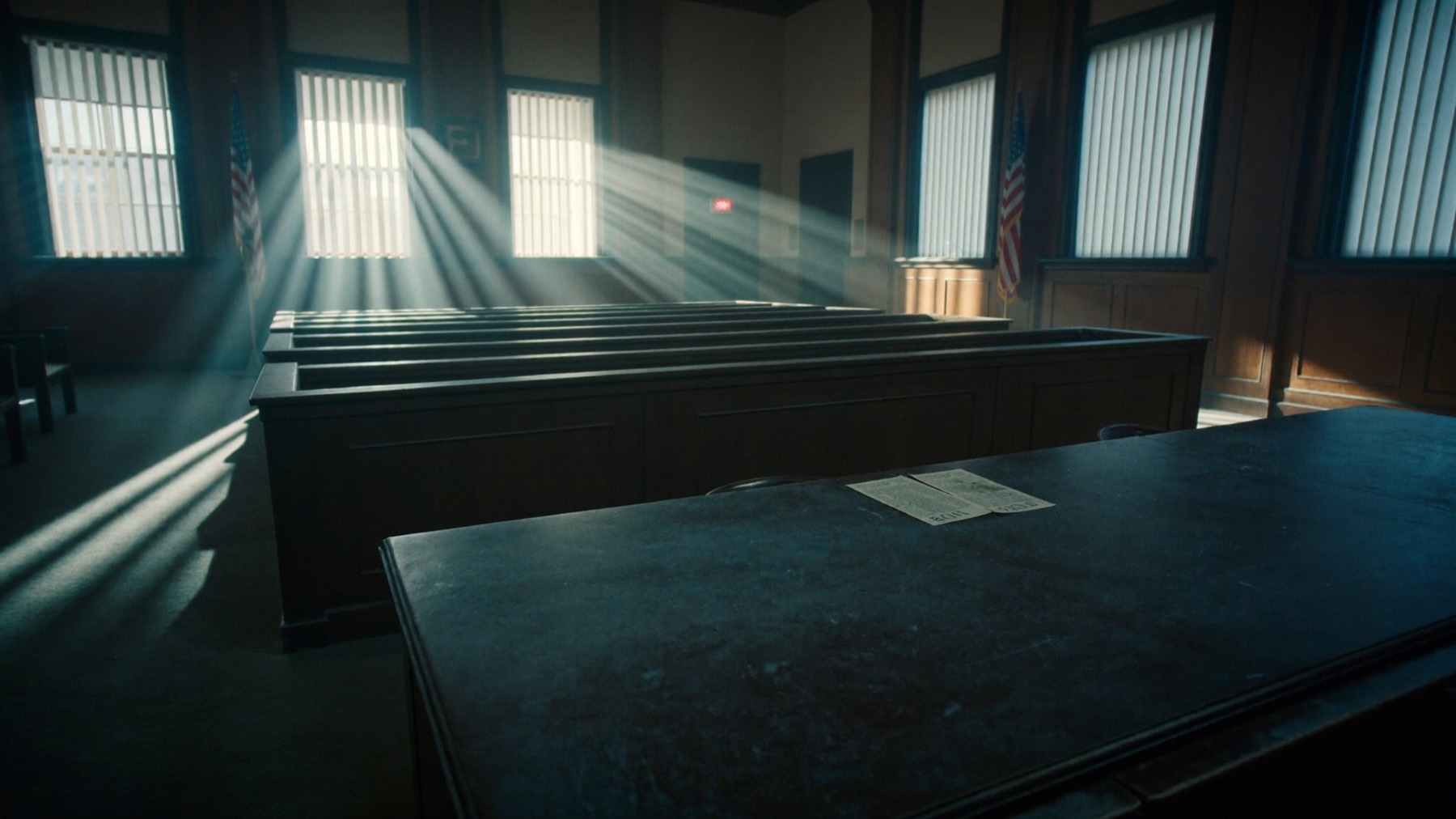 Light through the windows of an empty courtroom gallery