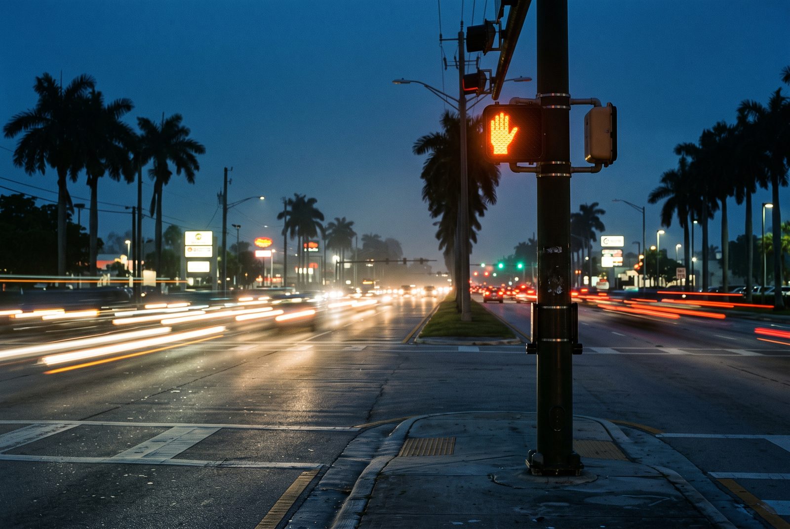 A crosswalk signal at dusk on a wide palm-lined Florida boulevard