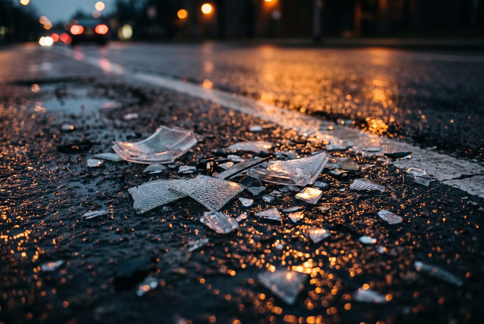 Shattered headlight glass scattered across wet asphalt at dusk