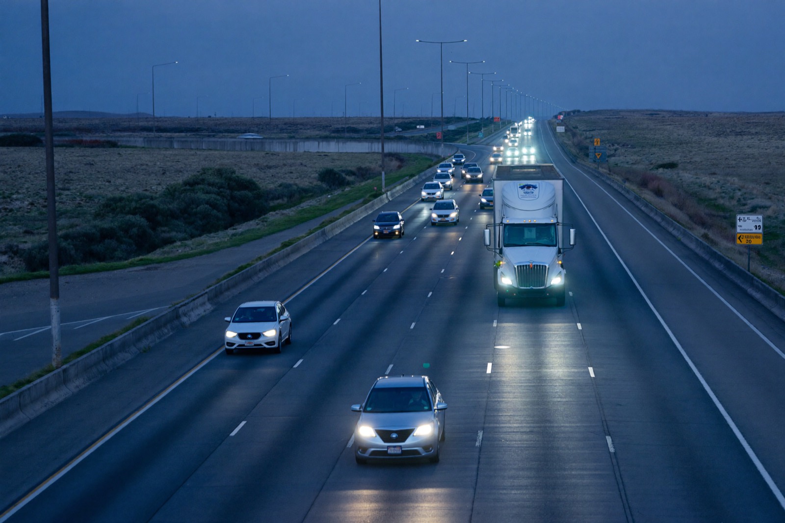 An interstate at dusk with a tractor-trailer in the center lanes