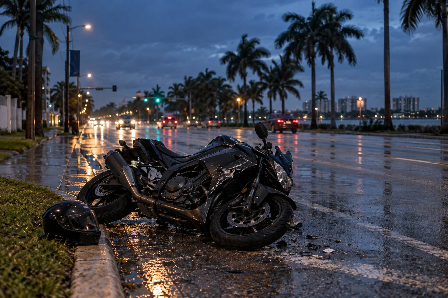 A damaged black motorcycle at the curb on a wet South Florida boulevard after dusk